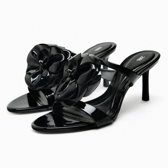 NWT Zara Woman FLORAL HIGH HEELED SANDALS Heels Shoes Black Faux Patent Size 8 - Picture 1 of 13